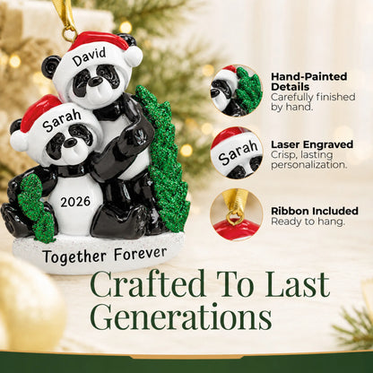 Hand-painted details and laser engraved personalization on the panda couple christmas ornament, ribbon included