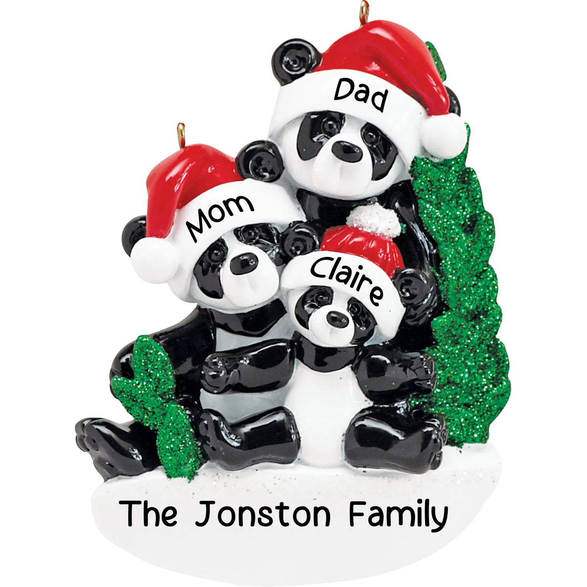 Personalized panda family of 3 christmas ornament with names