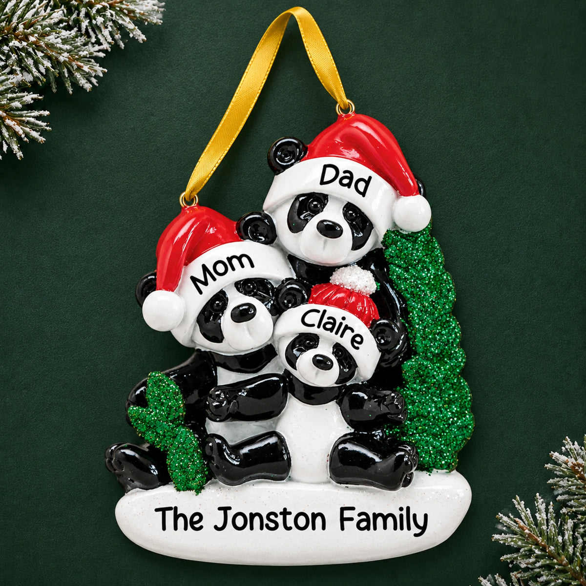 Personalized panda family of 3 Christmas ornament, three pandas hand-lettered with names and family name