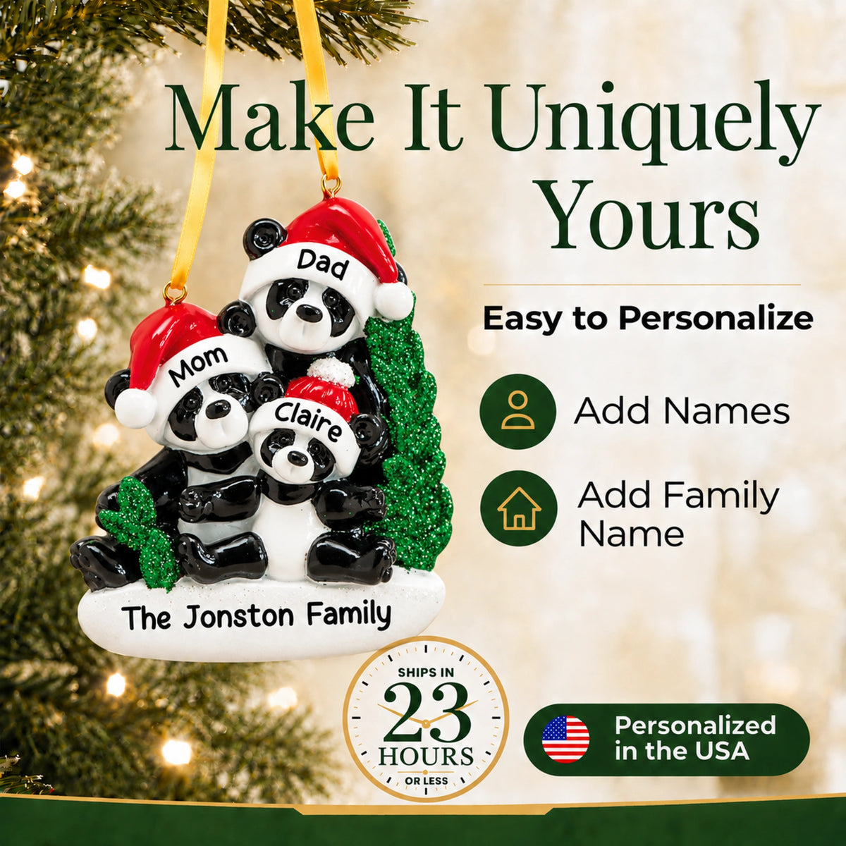Easy to personalize panda family of 3 Christmas ornament, add each name and the family name to make it yours