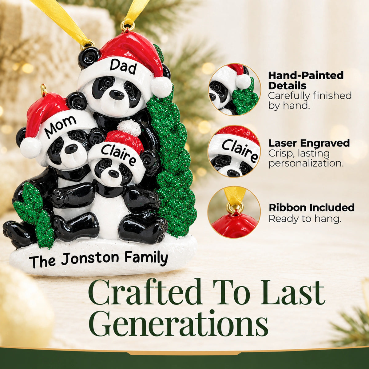 Hand-painted, laser-engraved panda family of 3 ornament crafted to last generations, ribbon included