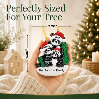 Panda family of 3 ornament shown at 2.70 by 4.00 inches, perfectly sized for your Christmas tree