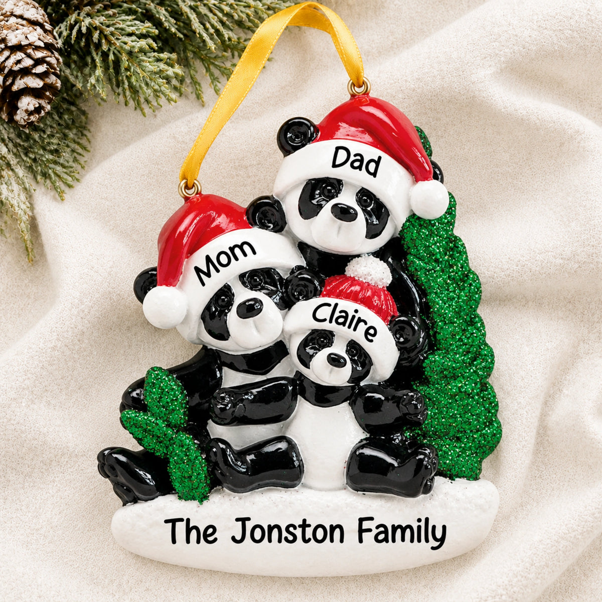 Personalized panda family of 3 ornament with Mom, Dad and Claire pandas and the family name