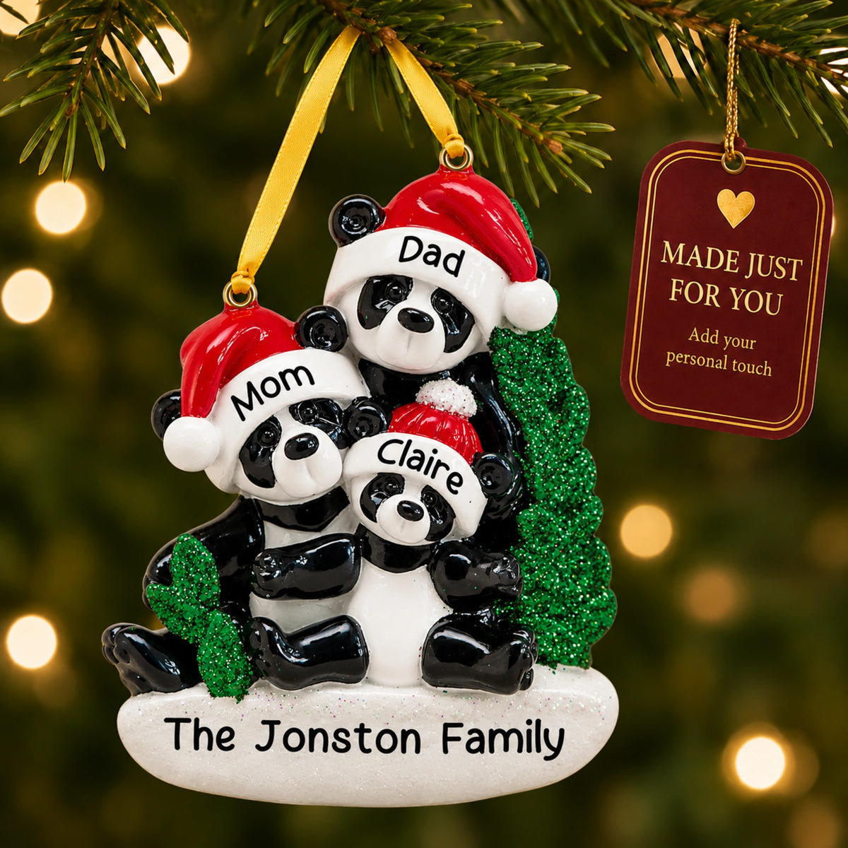 Personalized panda family of 3 Christmas ornament hanging on the tree, made just for you with names