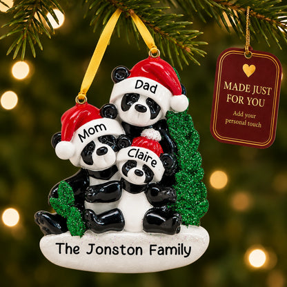 Personalized panda family of 3 Christmas ornament hanging on the tree, made just for you with names