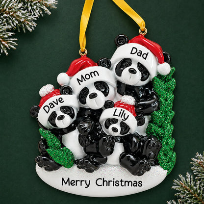 Personalized panda family of 4 christmas ornament on a dark green pine background