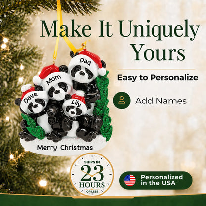Make it yours: add names and year to the personalized panda family of 4 christmas ornament