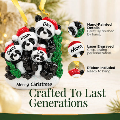 Hand-painted details and laser engraved personalization on the panda family of 4 christmas ornament, ribbon included
