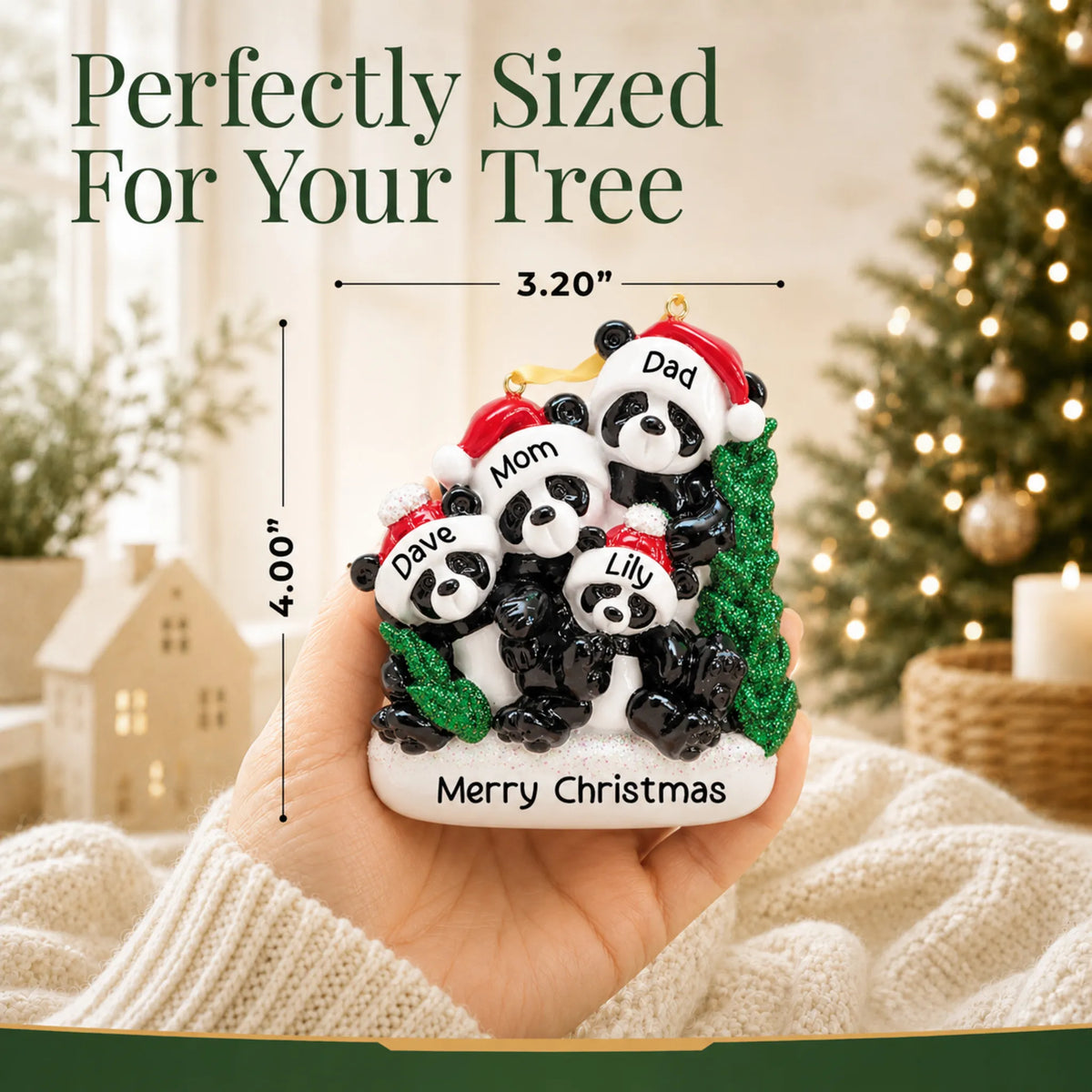 Size guide: the personalized panda family of 4 christmas ornament is 3.20 in wide by 4.00 in tall, shown in hand