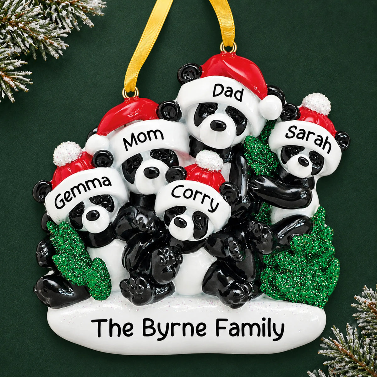 Personalized panda family of 5 christmas ornament on a dark green pine background