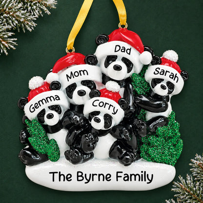 Personalized panda family of 5 christmas ornament on a dark green pine background