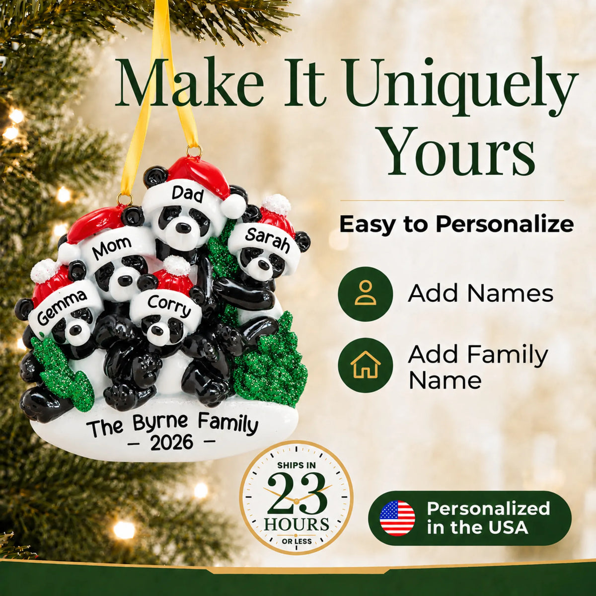 Make it yours: add names and year to the personalized panda family of 5 christmas ornament