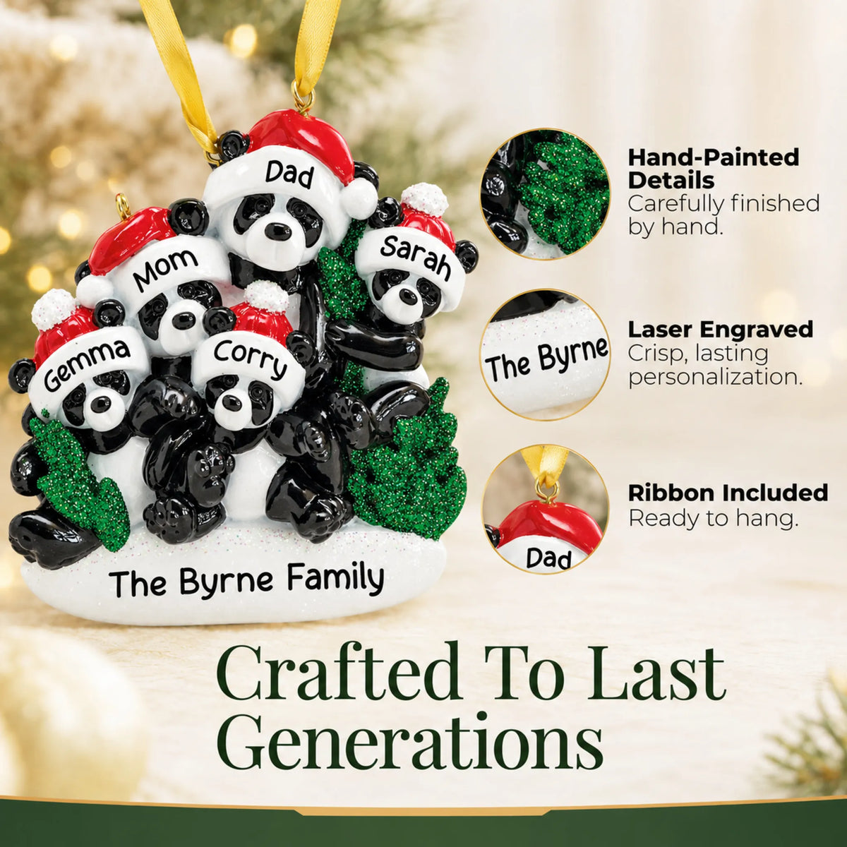Hand-painted details and laser engraved personalization on the panda family of 5 christmas ornament, ribbon included