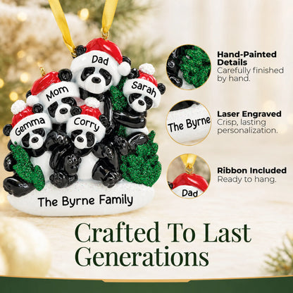 Hand-painted details and laser engraved personalization on the panda family of 5 christmas ornament, ribbon included