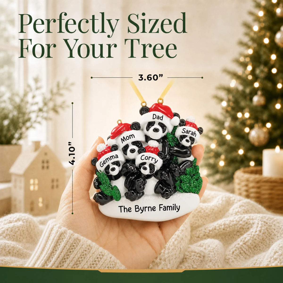 Size guide: the personalized panda family of 5 christmas ornament is 3.60 in wide by 4.10 in tall, shown in hand