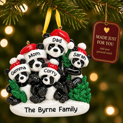 Panda family of 5 christmas ornament hanging on a lit Christmas tree with a Made Just For You gift tag