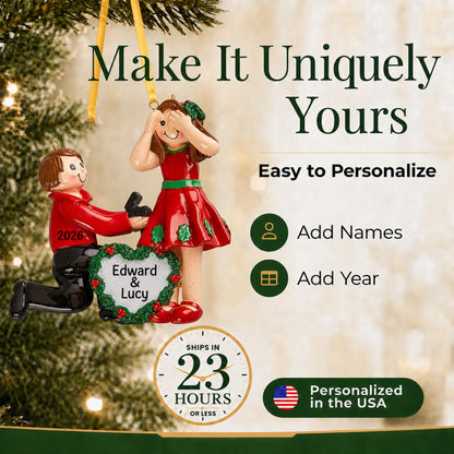 Make it yours: personalize the Proposing Couple christmas ornament with names and the year