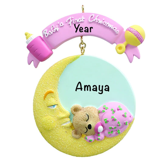 120G Baby's 1st Christmas Baby Moon Pink Personalized Christmas Ornament