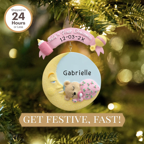 Personalized Baby Girls First Christmas Ornament Pink Moon – Elegant pink moon ornament with personalized engraving for baby's first Christmas.
