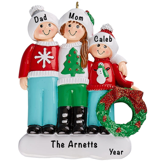 Ugly Christmas Sweater Family of 3 Personalized Ornament