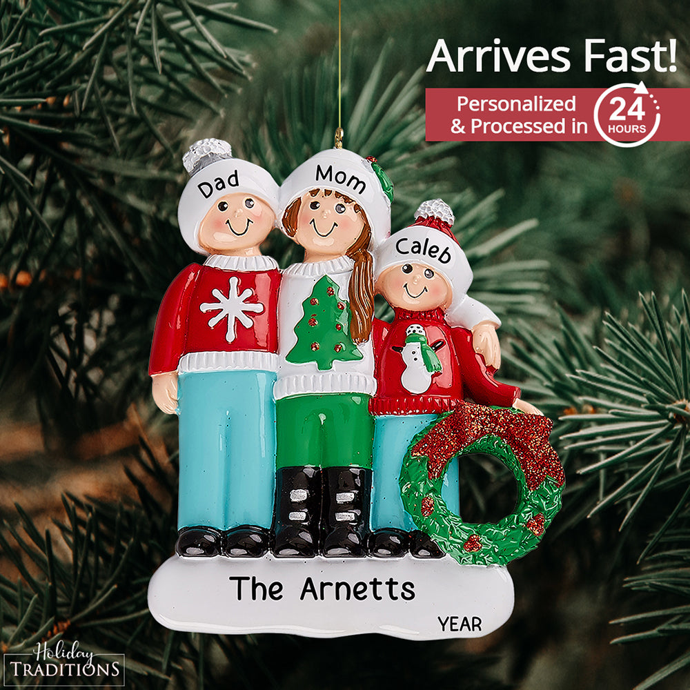 Ugly Christmas Sweater Family of 3 Personalized Ornament