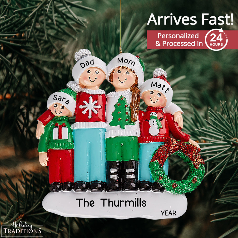 Ugly Christmas Sweater Family of 4 Personalized Ornament