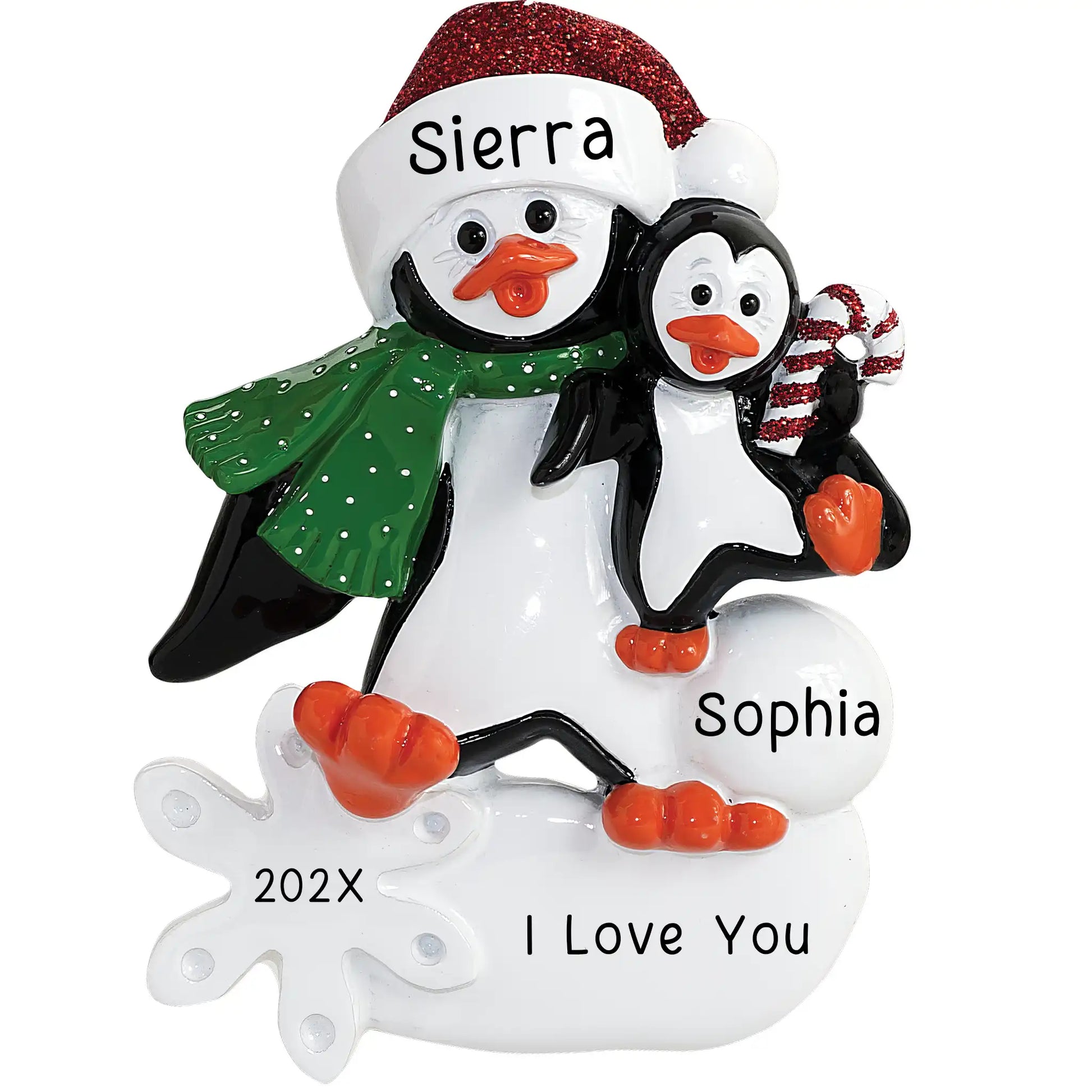 A personalized Christmas ornament featuring two penguins, one adult and one child, with the text 'Sierra' and 'I love you' along with a space for names and a year.