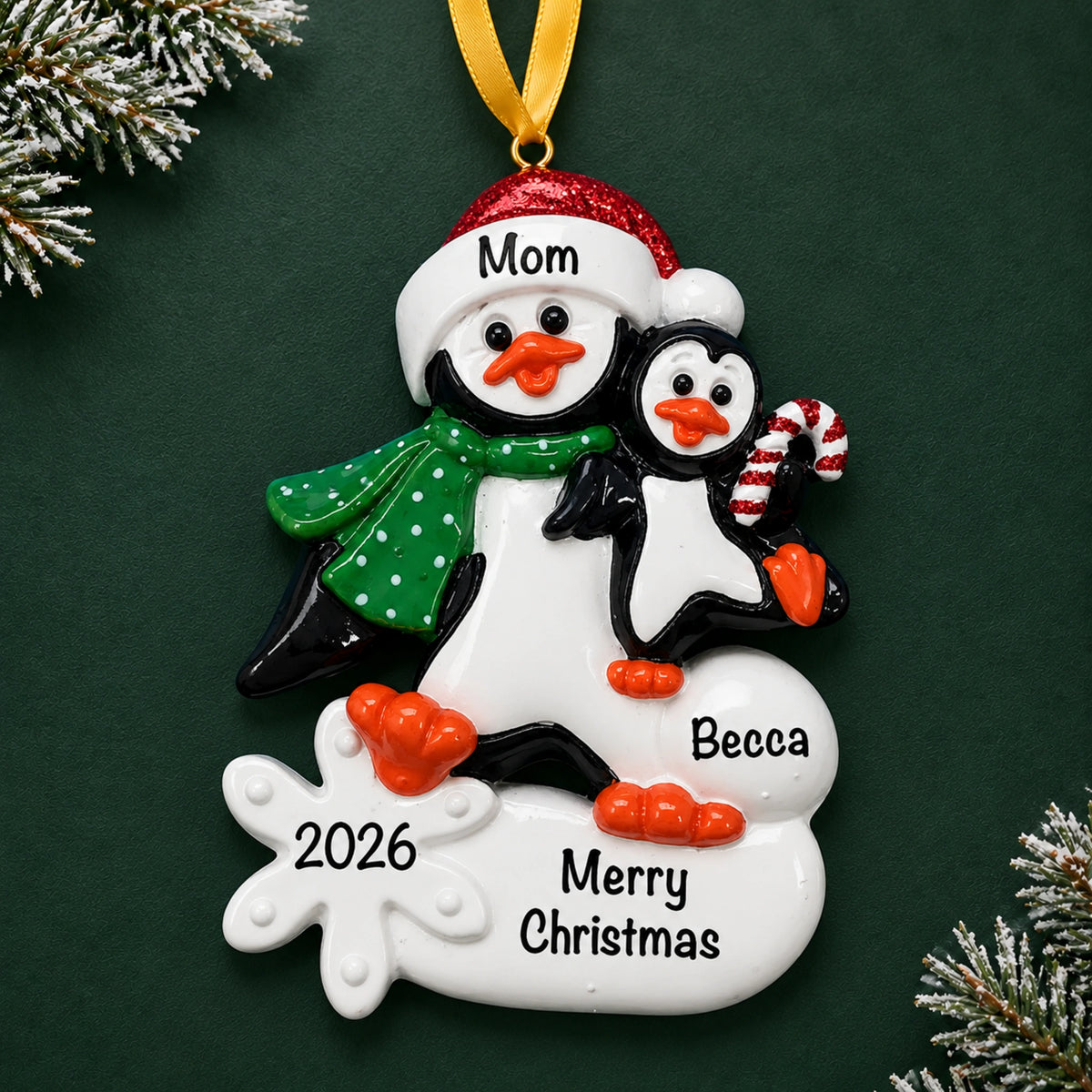 Personalized single parent penguin with child christmas ornament with two names and 2026