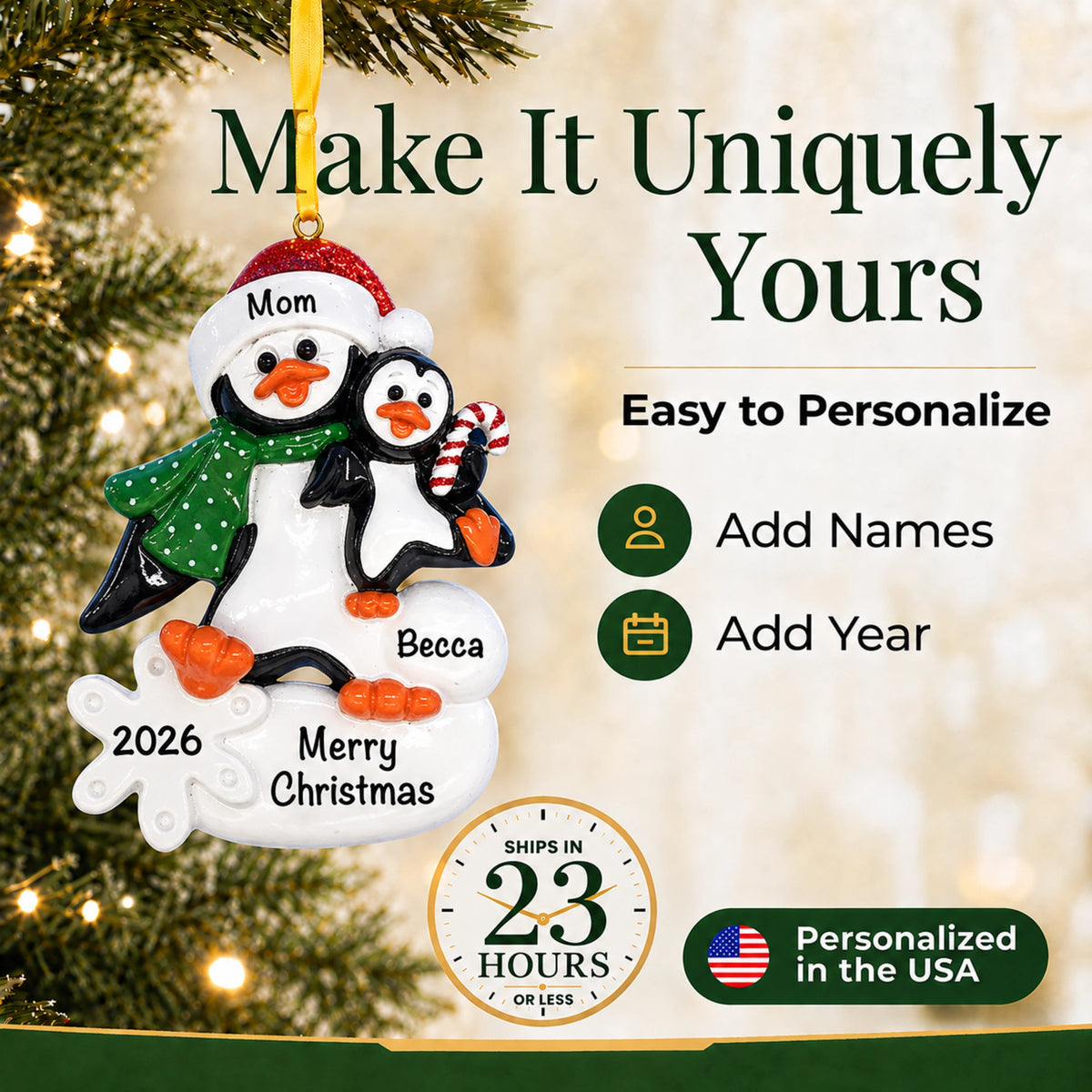 Single parent penguin with child personalized christmas ornament, make it uniquely yours with names and year