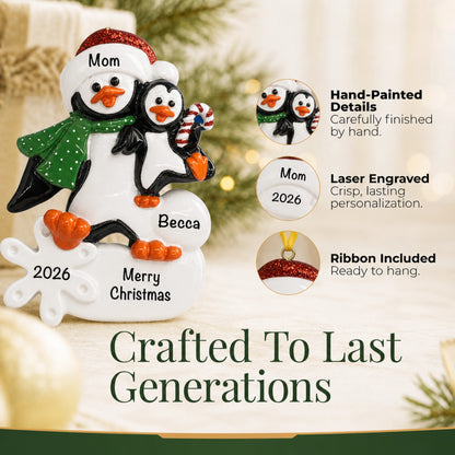 Single parent penguin with child personalized christmas ornament, hand-painted and laser-engraved to last generations