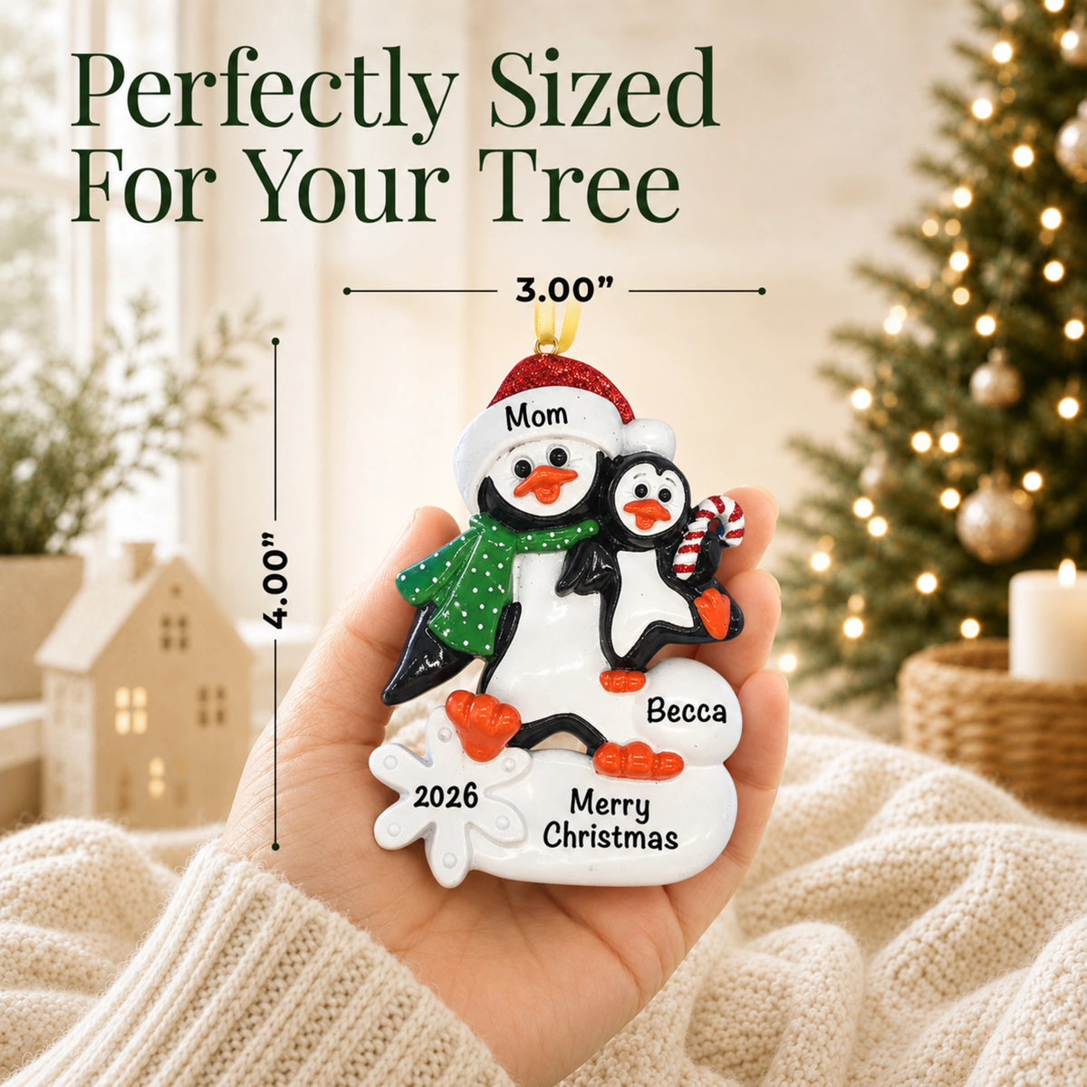 Single parent penguin with child personalized christmas ornament held in hand, perfectly sized at about 4 inches