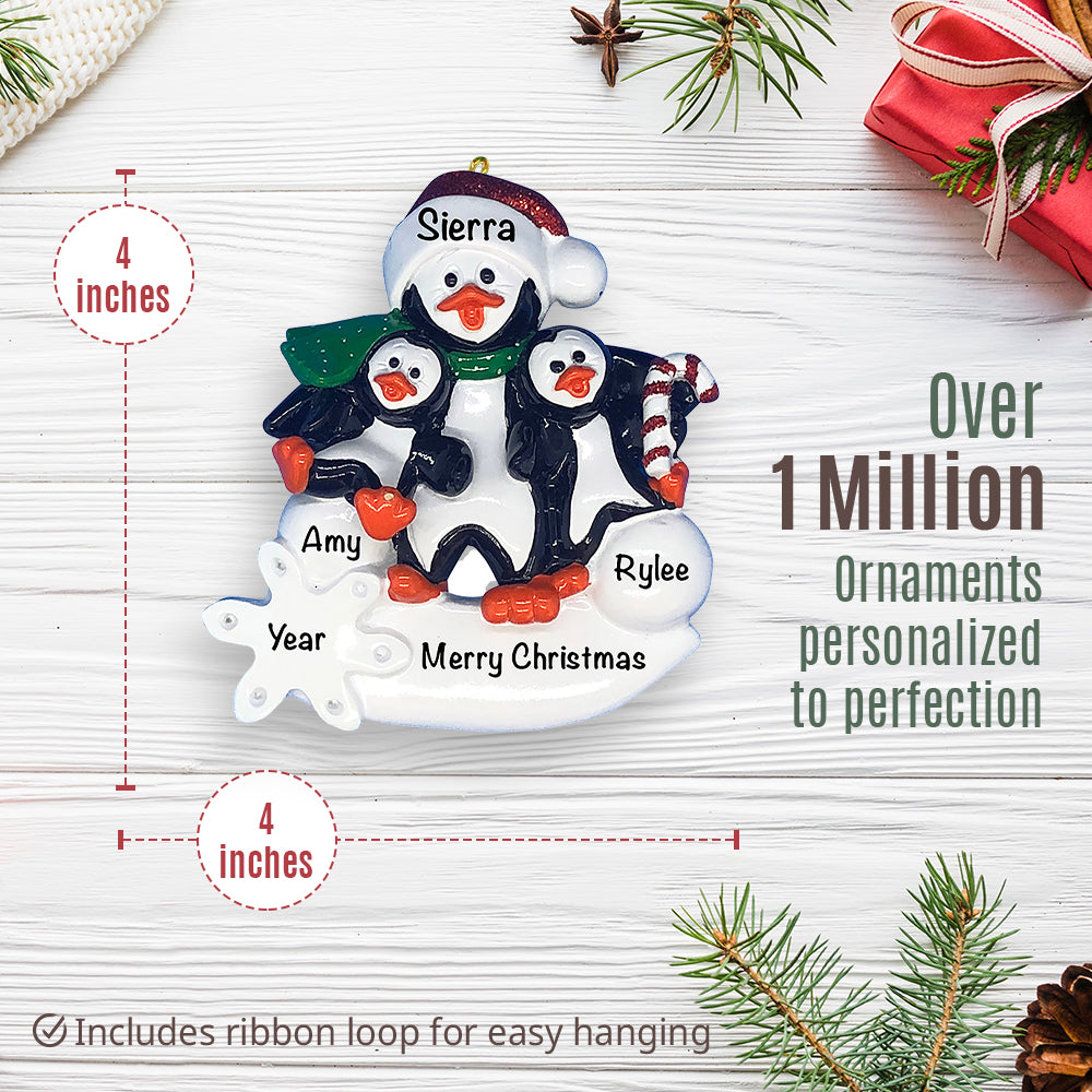 Single Parent Penguin With 2 Kids Christmas Ornament