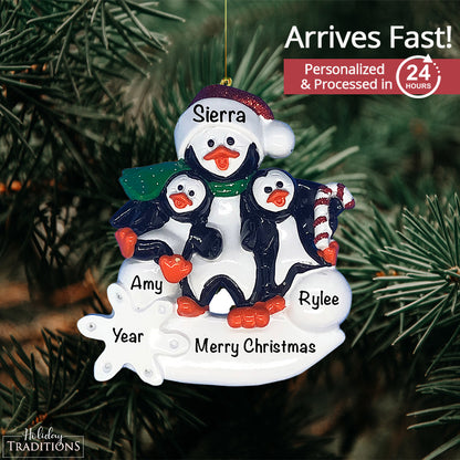 Single Parent Penguin With 2 Kids Christmas Ornament