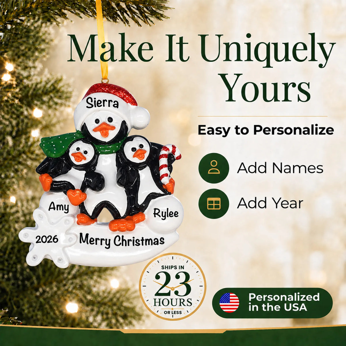 Make it yours: add names and year to the personalized single parent penguin with 2 kids christmas ornament