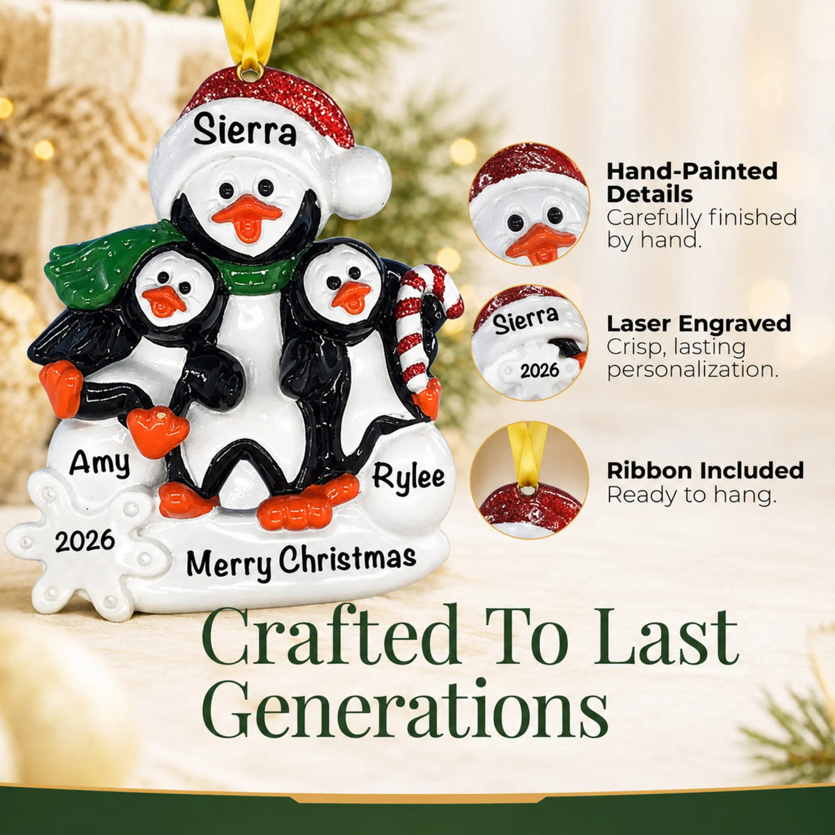 Hand-painted, laser engraved single parent penguin with 2 kids christmas ornament, ribbon included