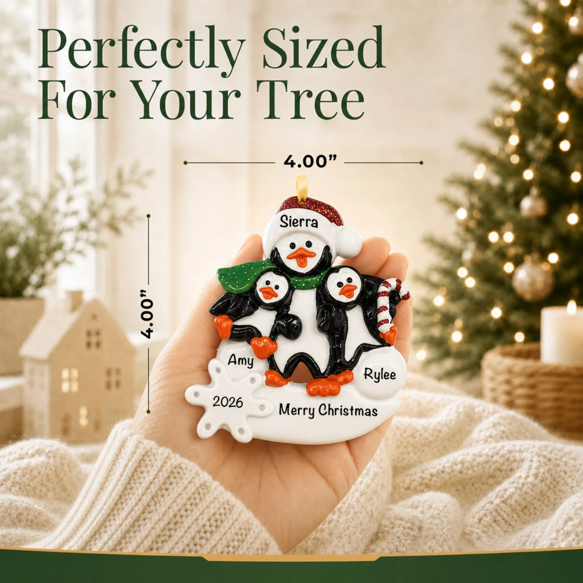 Size guide: the personalized single parent penguin with 2 kids christmas ornament shown in hand next to a Christmas tree