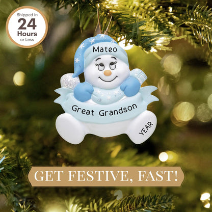 Adorno personalizado de muñeco de nieve para bisnieto 