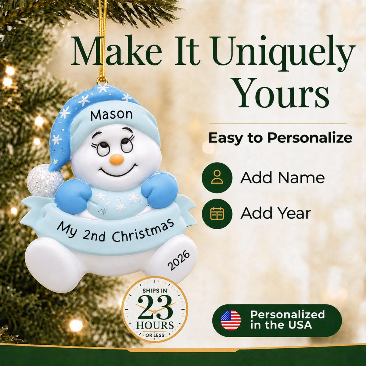 Make it yours: add name and year to the personalized baby boy 2nd christmas snowman ornament