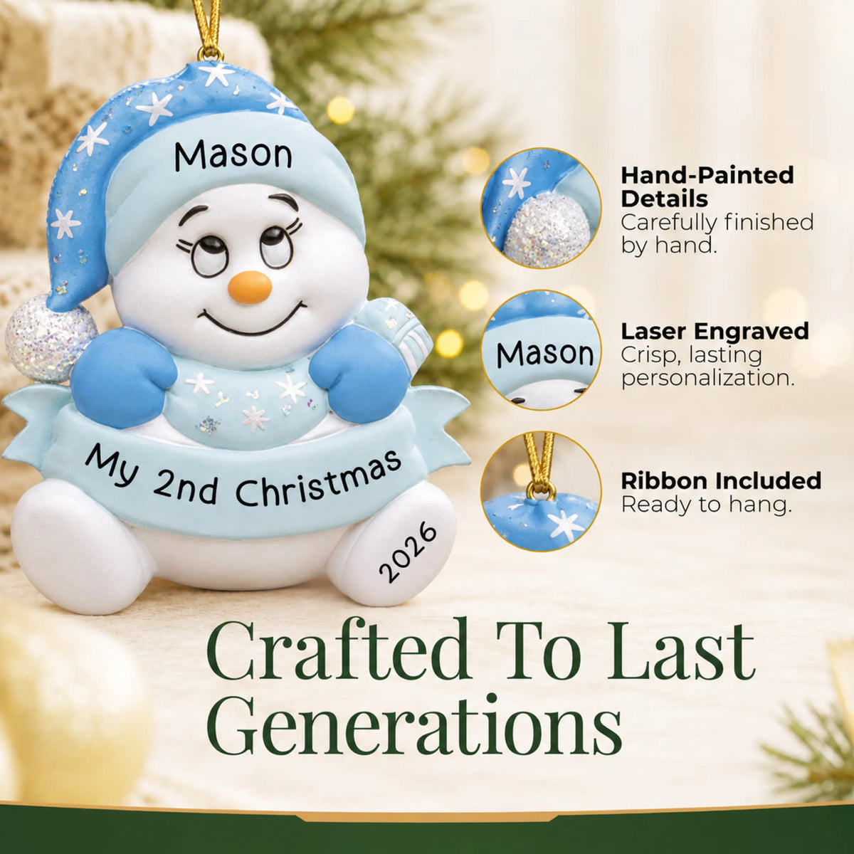 Hand-painted details and laser engraved personalization on the baby boy 2nd christmas snowman ornament, ribbon included
