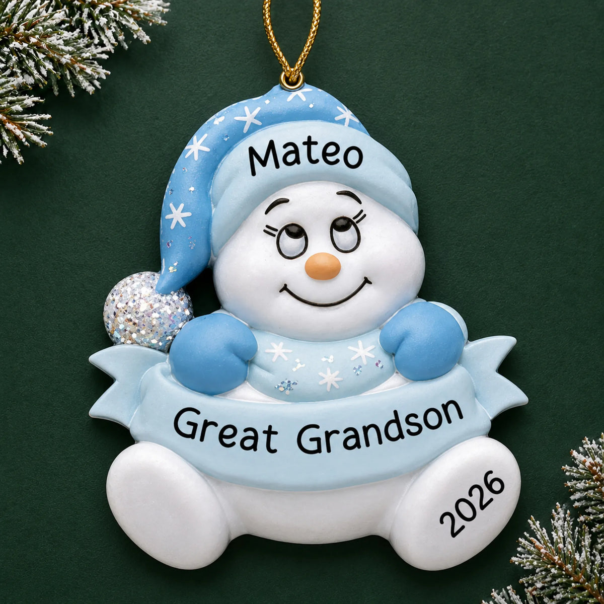 Personalized great grandson snowman christmas ornament on a dark green pine background