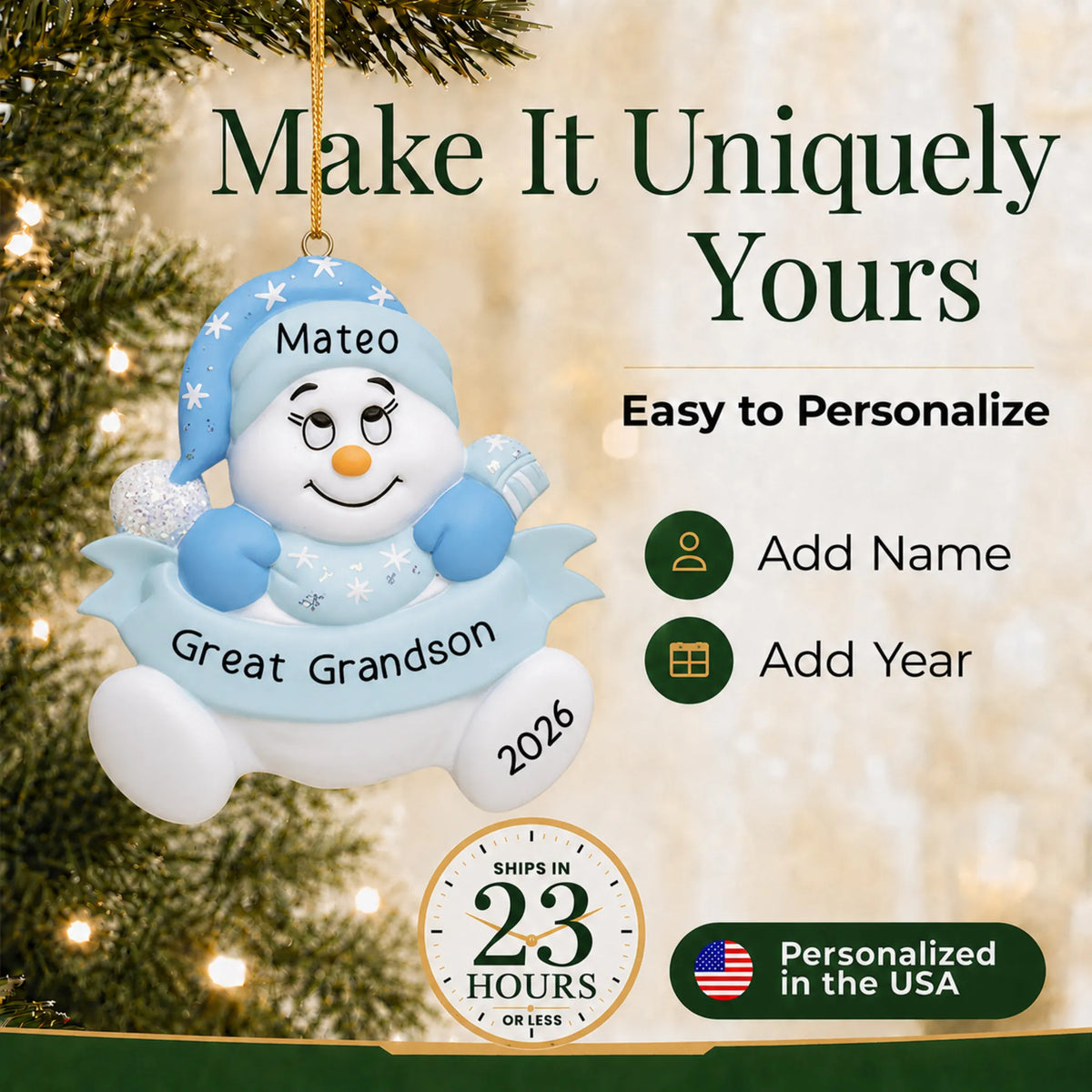 Make it yours: personalize the great grandson snowman christmas ornament