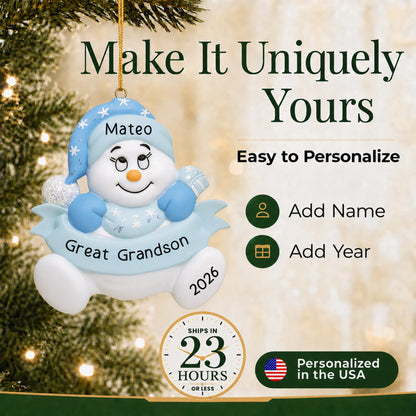 Make it yours: personalize the great grandson snowman christmas ornament