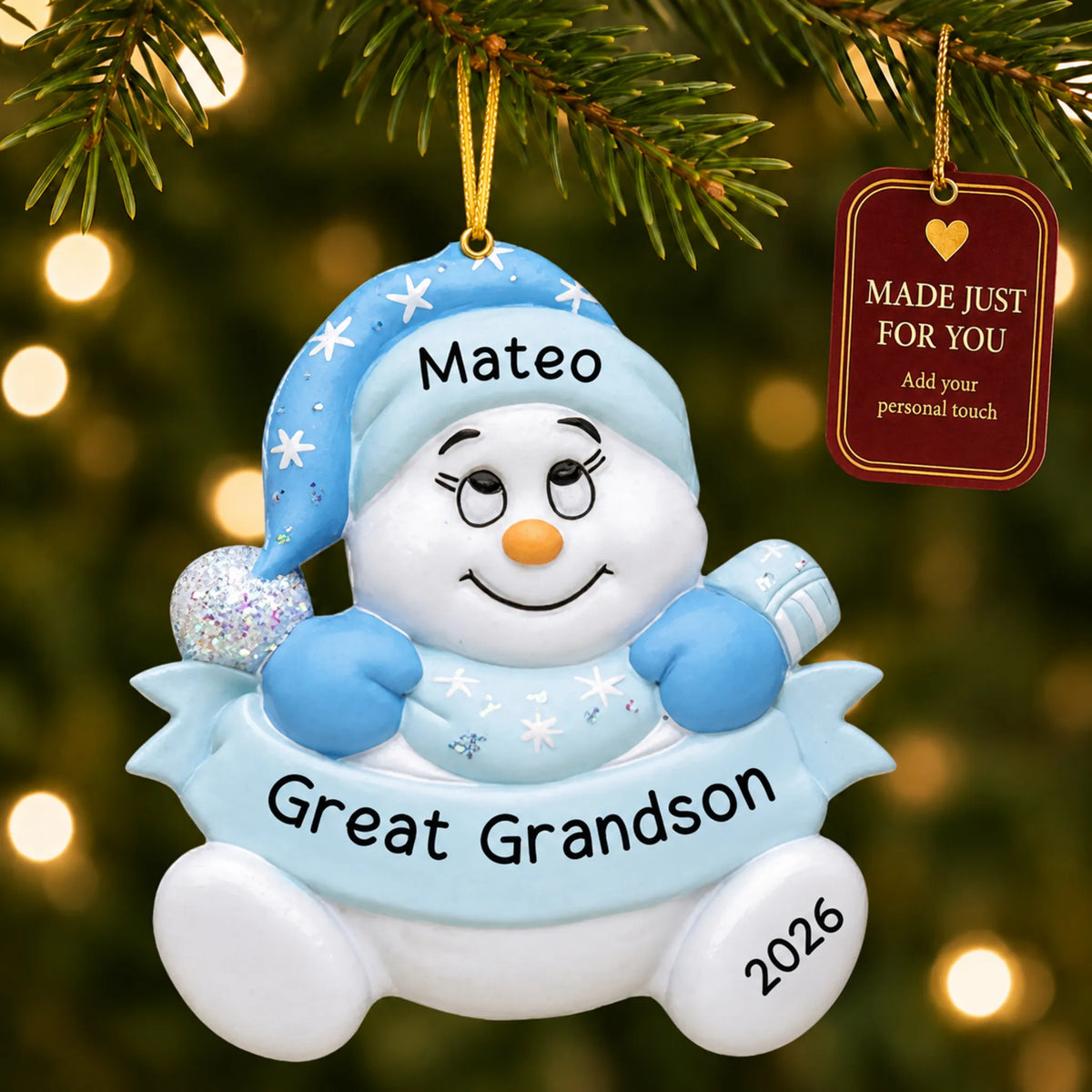 Great grandson snowman christmas ornament hanging on a lit Christmas tree with a Made Just For You gift tag
