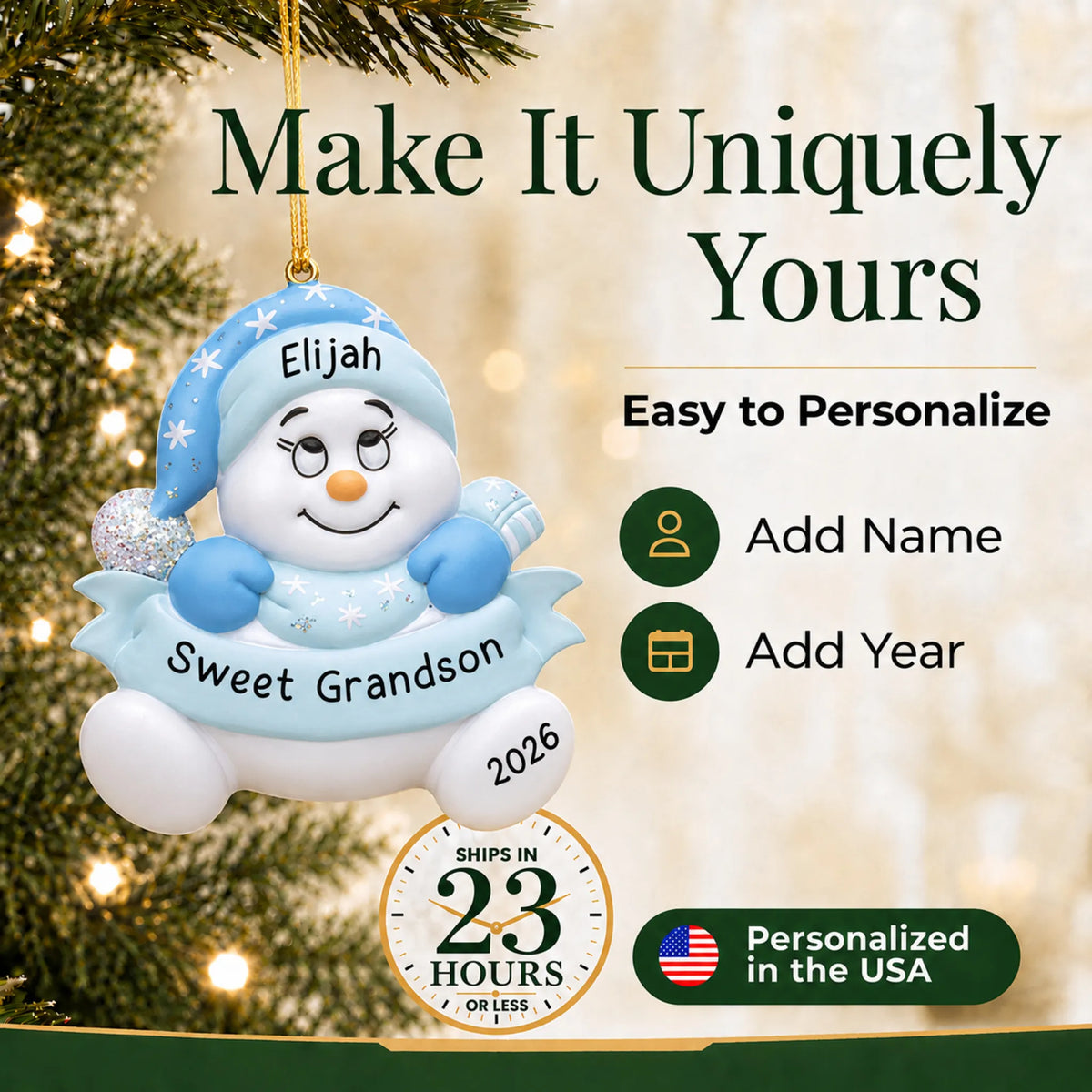 Make it yours: personalize the grandson snowman christmas ornament