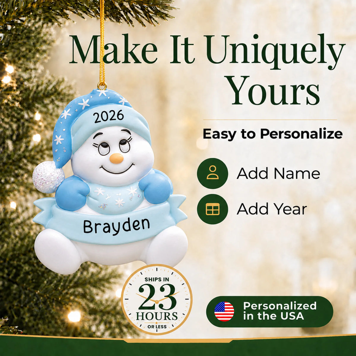 Make it yours: add name and year to the personalized baby boy blue snowman christmas ornament