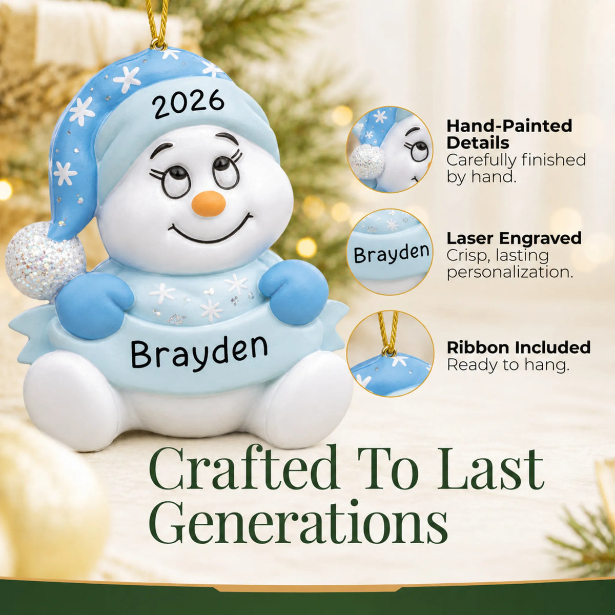 Hand-painted details and laser engraved personalization on the baby boy blue snowman christmas ornament, ribbon included