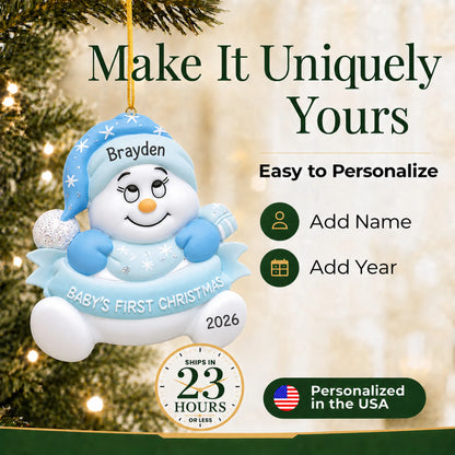 Make it yours: add name and year to the personalized blue baby's 1st christmas snow baby ornament
