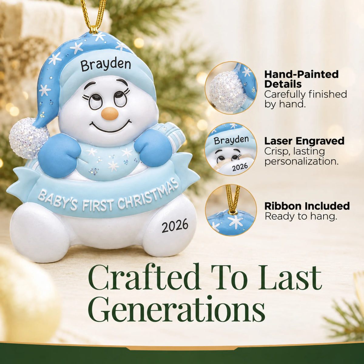 Hand-painted details and laser engraved personalization on the blue baby's 1st christmas snow baby ornament, ribbon included