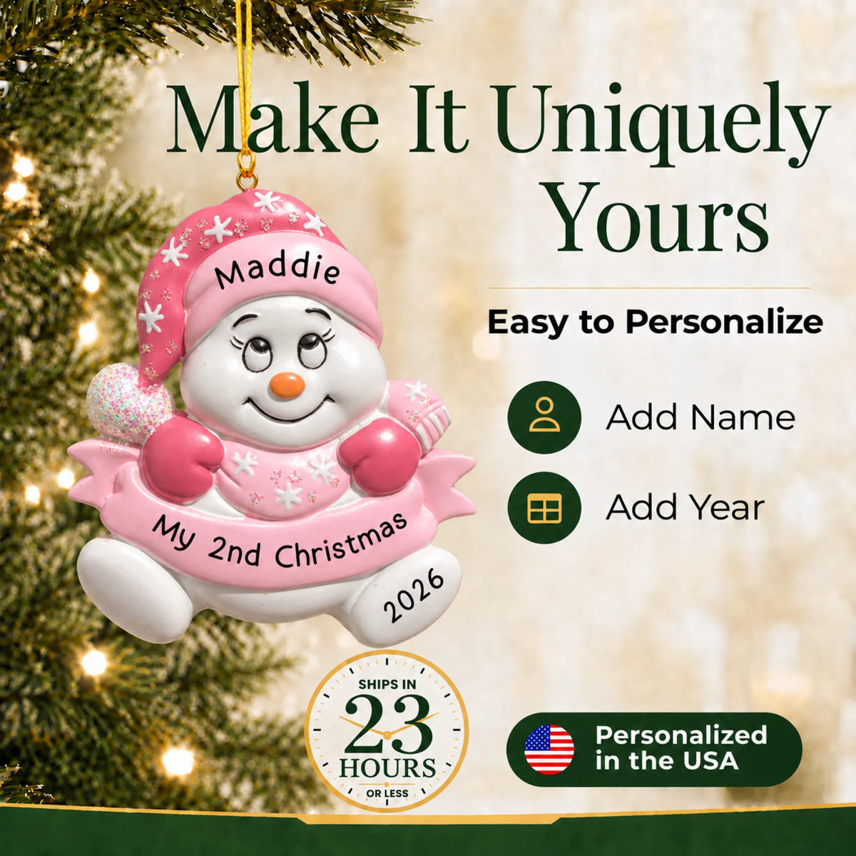 Make it yours: add name and year to the personalized baby girl 2nd christmas snowman ornament