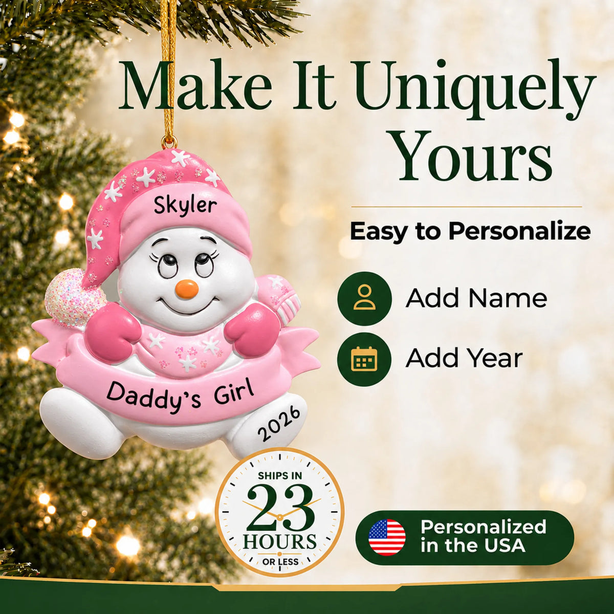 Make it yours: add name and year to the personalized daddy's girl snowman christmas ornament